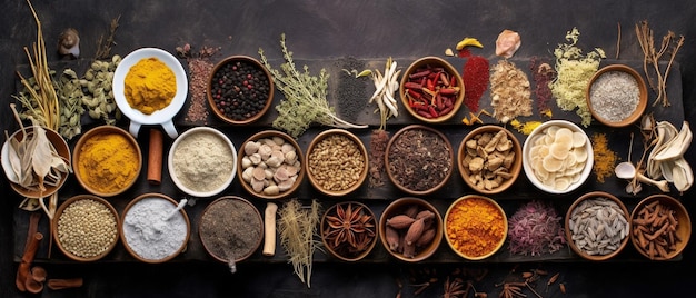 Group of traditional medicine top view with aesthetic arrangement on concrete background