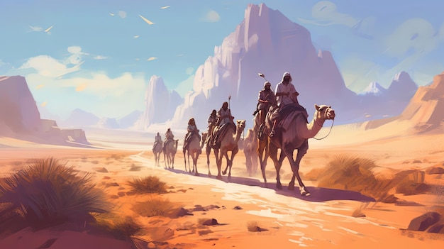 A group of travelers riding through a desert on camels Fantasy concept Illustration painting Generative AI