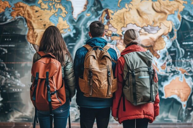 Foto viaggiatori di gruppo viaggi con zaino ai generativa