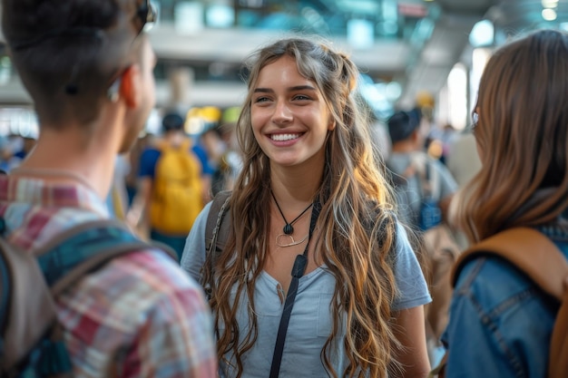 A group travelers wearing backpack on the airport Generative AI