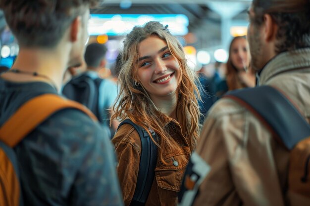 A group travelers wearing backpack on the airport Generative AI