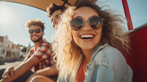 생성 AI 기술로 만들어진 자동차 앞에서 카메라에 미소 짓는 여행하는 친구 그룹