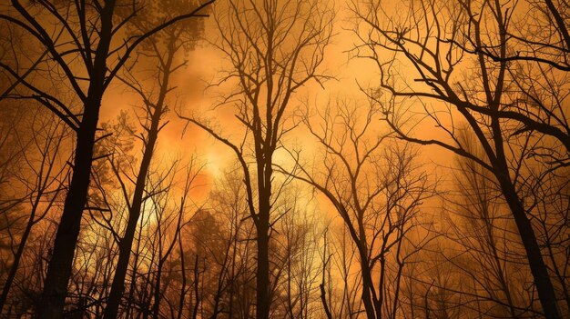 A group of trees silhouetted against a smoky apocalypticlooking sky the branches reaching for the