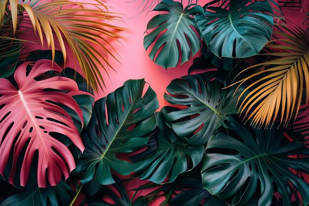 a group of tropical leaves against a pink background