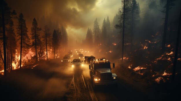 Photo group of trucks driving along forest road