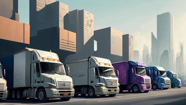 Photo group of trucks parked in a row in front of futuristic city