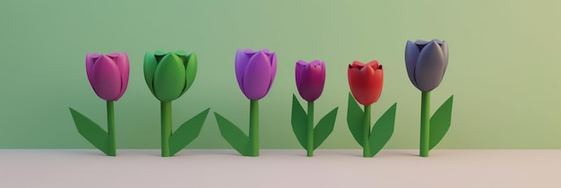 Группа тюльпанов фиолетового, красного и зеленого цветов