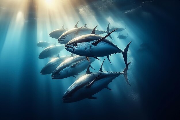 Photo a group of tuna swimming under the sun