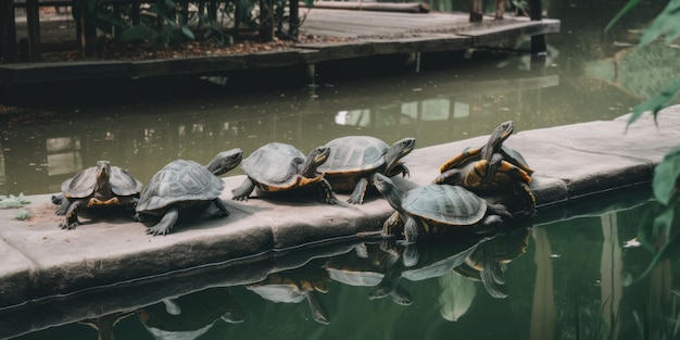 A group of turtles sitting on the edge of a pond Generative AI image