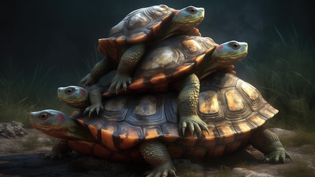 A group of turtles on top of each other