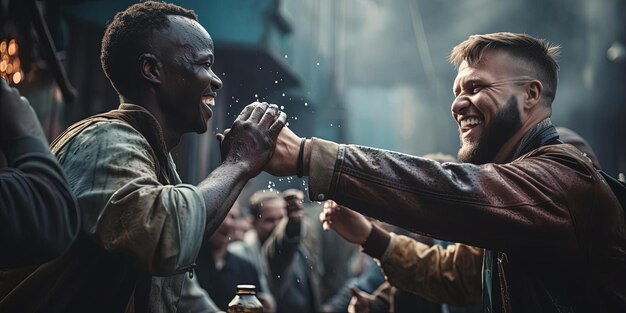 a group of two or more people all giving each other high fives in the style of industrial materialit