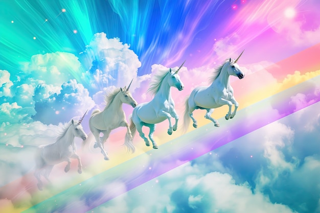 Foto un gruppo di unicorni che scendono da una rampa arcobaleno lanciandosi in un cielo magico