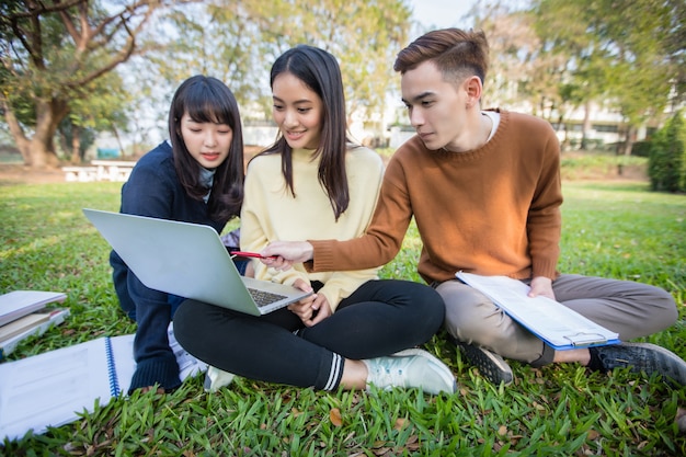 Group Of University Students asian  Working and reading Outside Together in a park 