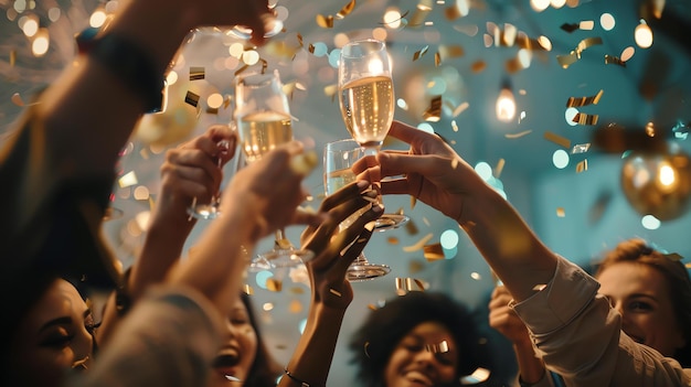 Group of unrecognizable people toasting with champagne and celebrating new years eve