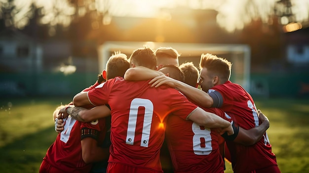 A group of unrecognizable soccer players are hugging each other in celebration after winning a game They are wearing red jerseys and white shorts