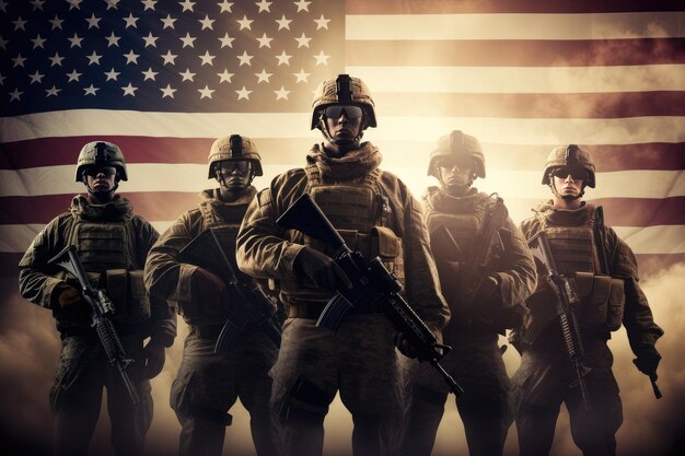 우리 군대의 군인 그룹 우리 발 위에 무기를 가진 군인들이 현대적인 유니폼을 입은 남성들의 사진을 위해 포즈를 취합니다.