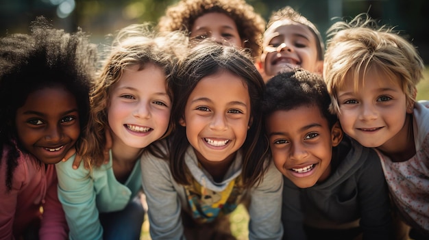 A group of varied funloving and multicultural kids playing outside Generative Ai