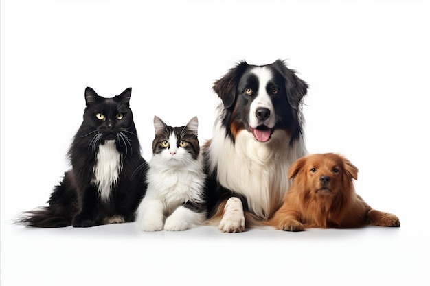 Photo group of various cats and dogs high quality studio shot on white background with copy space