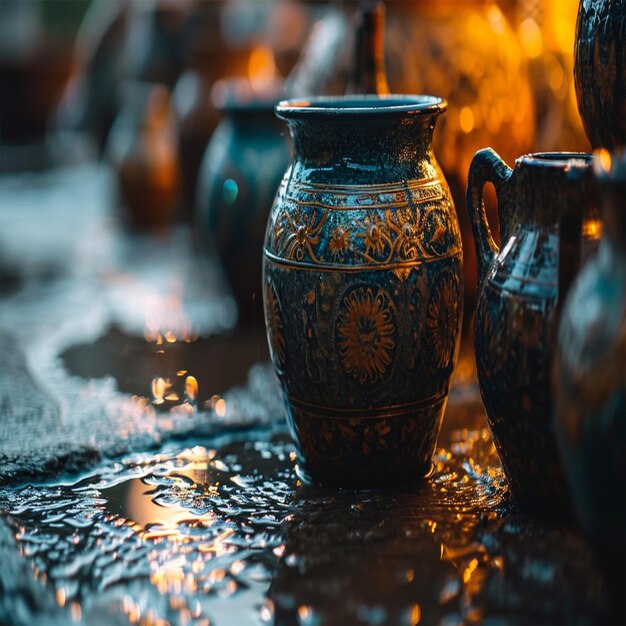 a group of vases are sitting on a wet surface