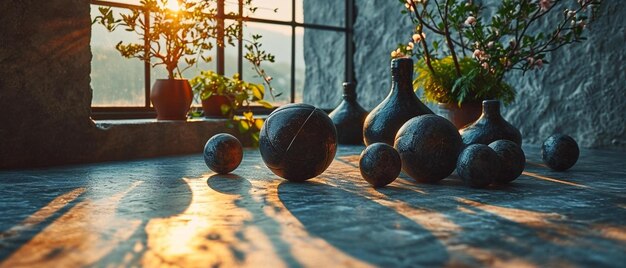 a group of vases sitting on top of a table