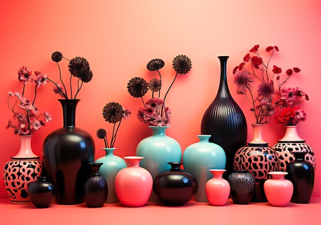 a group of vases and a vase with a pink wall