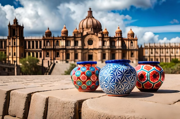 A group of vases with a blue and red design on the top.