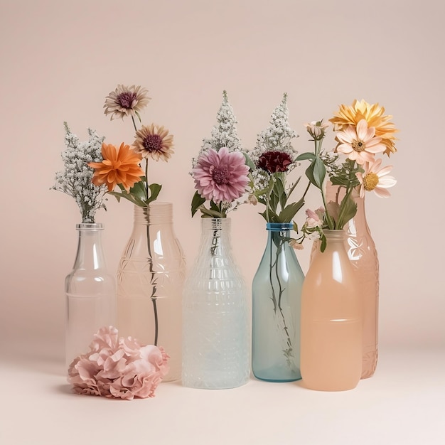 A group of vases with boho flowers in a floral arragement