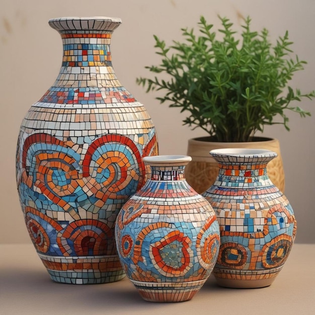a group of vases with colorful designs on them are on a table
