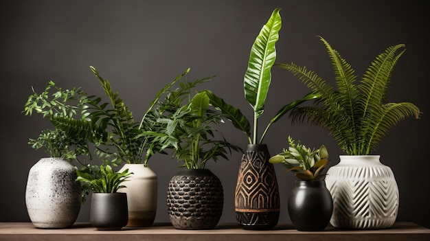 Photo a group of vases with plants in them on a table