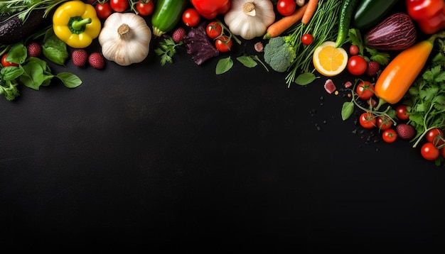 a group of vegetables and fruits on a black surface