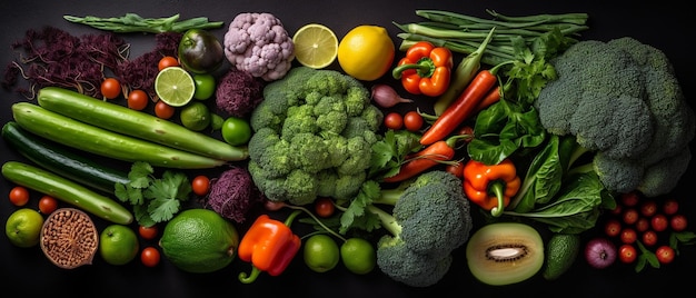 Group of vegetables Top view with aesthetic arrangement Black background