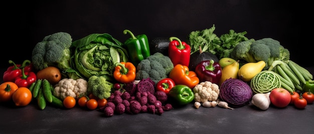 Group of vegetables Top view with aesthetic arrangement Black background
