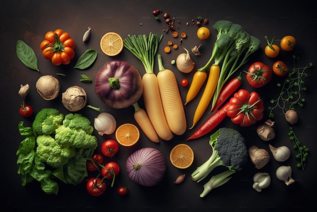 Group of vegetables Top view with aesthetic arrangement generative ai