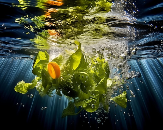 group of vegetables in the water splashing in water