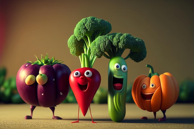 야채로 만든 얼굴을 가진 야채 그룹.