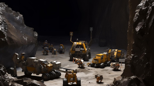 A group of vehicles are on a moon surface.