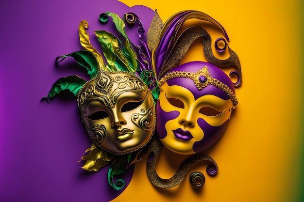 Group of venetian mardi gras mask or disguise on a colorful bright background neural network generated art