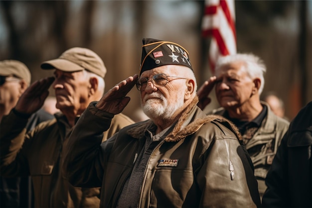 退役軍人のグループ アメリカの旗