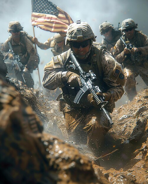 Photo a group of veterans raising flag during wallpaper