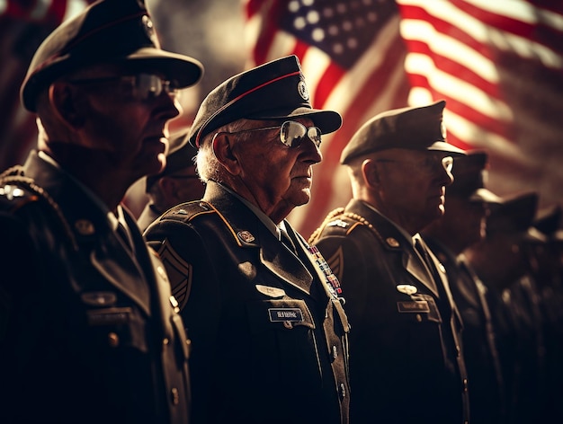退役軍人の日にアメリカ国旗に敬礼する退役軍人のグループ