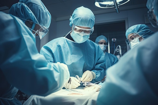 手術室での獣医師の手術のグループ アート照明と青いフィルターを使用して撮影 手術室での獣医師の手術のグループ AI 生成