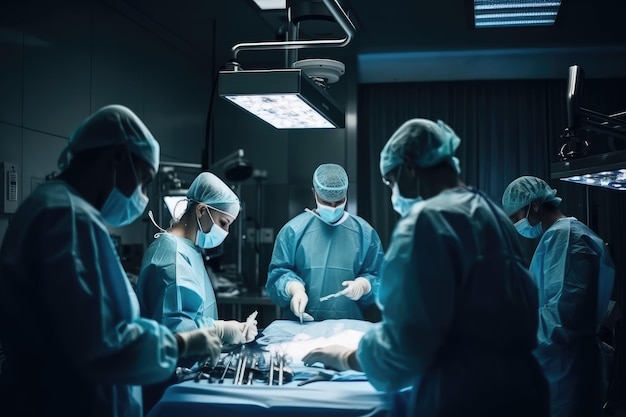 Group of veterinarian surgery in operation room take with art lighting and blue filter Medical team performing a surgical operation in a hospital AI Generated