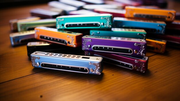 Photo a group of vibrant harmonicas in assorted colors are neatly lined up on a wooden table