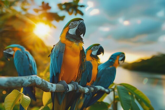 A group of vibrant parrots standing closely next to each other in a lively display of colorful feathers