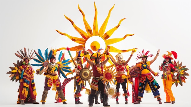 Group in vibrant traditional costumes with feathers representing the sun against a white background