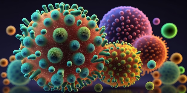 A group of virus cells are shown on a black background.