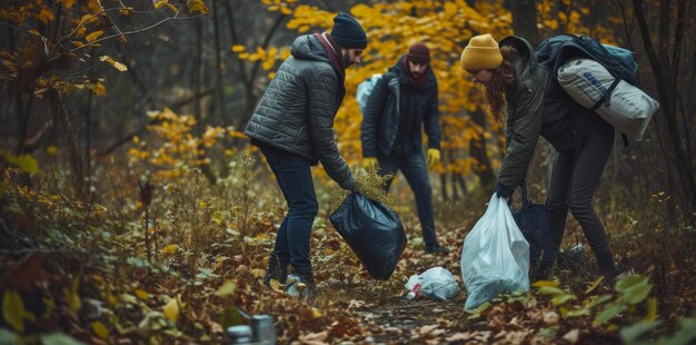 Группа добровольцев собирает пластик в лесу, заботится о очистке природы в парке.
