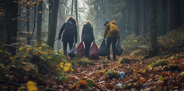 Group of volunteer people picking up plastic in forest caring for nature cleaning in park