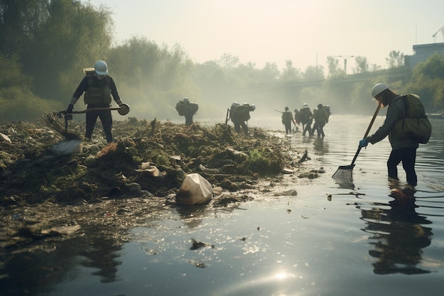 A group of volunteers cleaning up a polluted river 00072 01