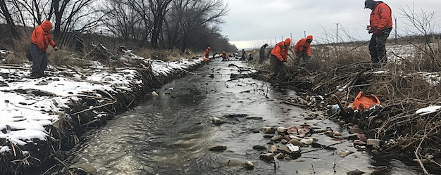 Foto un gruppo di volontari pulisce il fiume rimuovendo lo sfondo